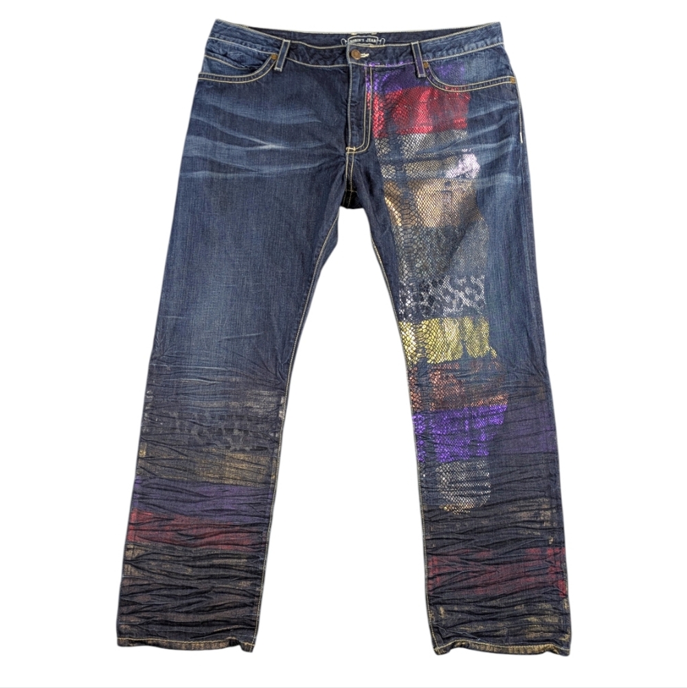 Robin’s Jean Marlon Paint Splatter Metallic Y2K Straight  Size 42 USA Made J1785